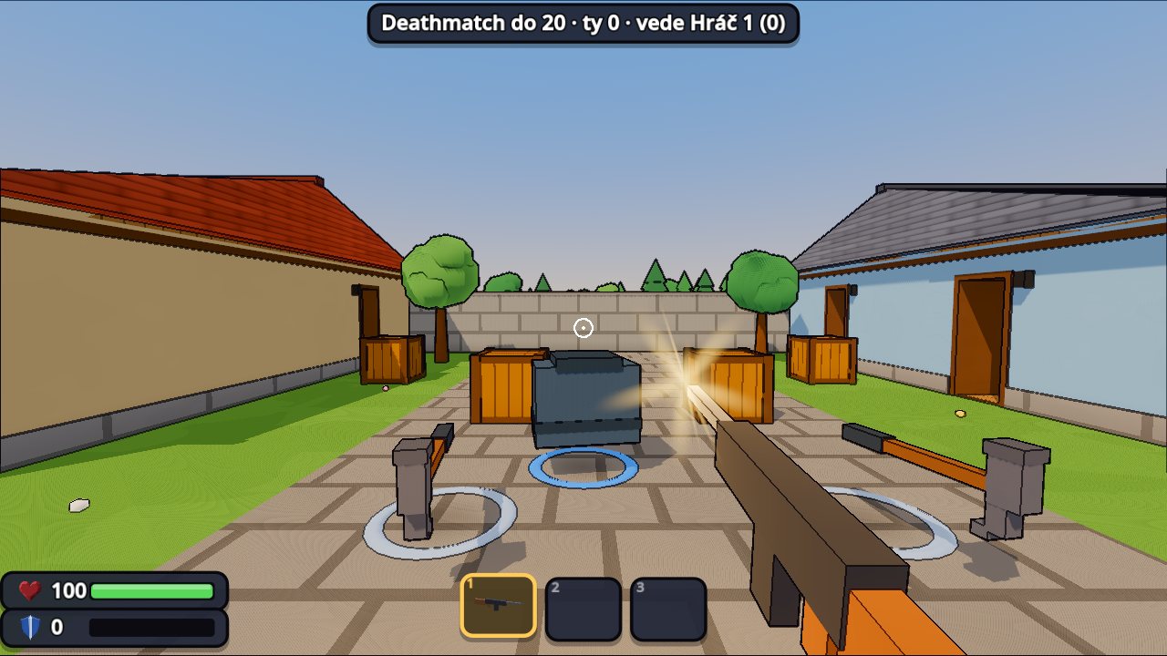 Pohled z očí s puškou na návsi