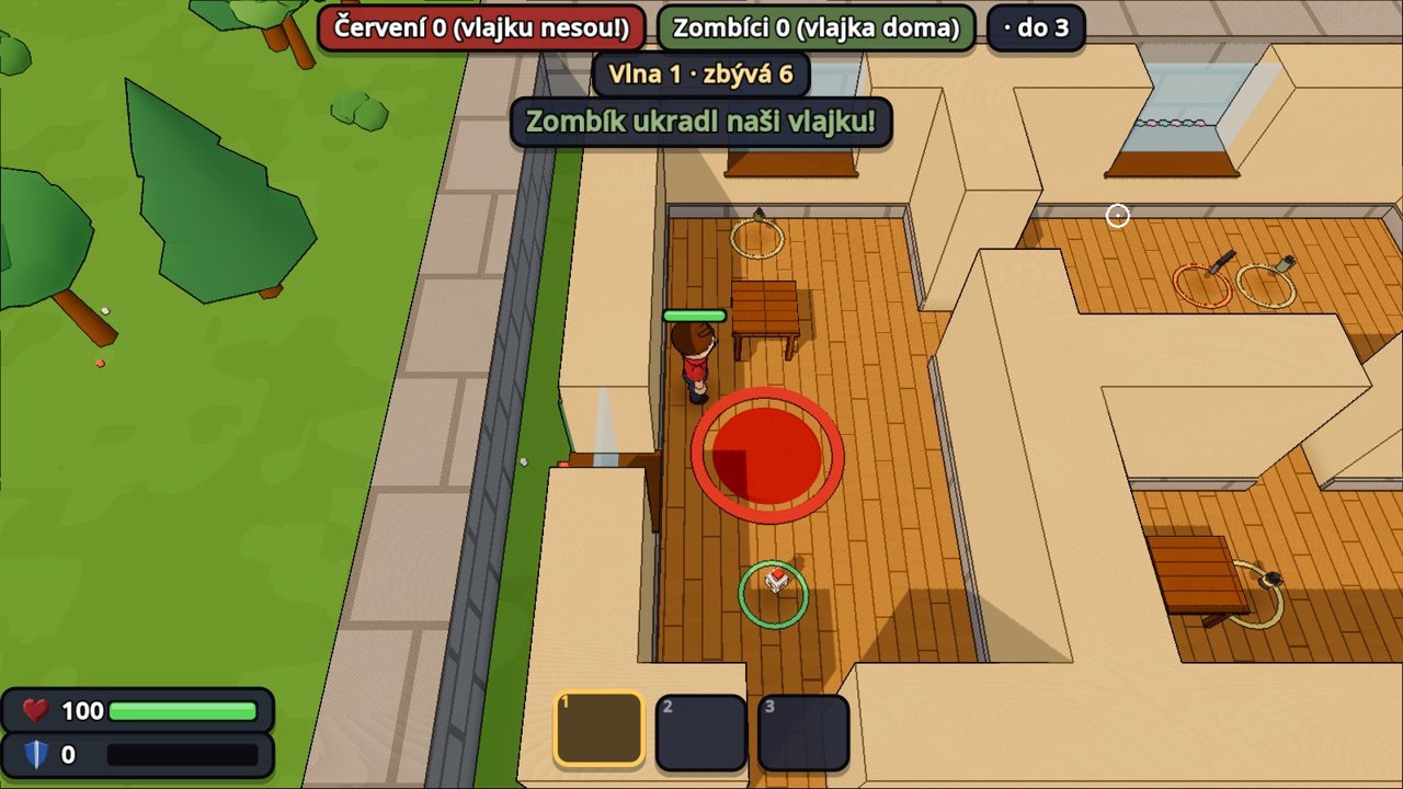 Hráč v domě u vlajky Červených, zbraně připravené na podlaze